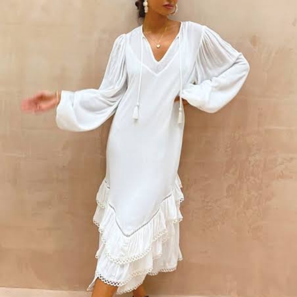 NEVER FULLY DRESSED White Harmony Long Sleeve Tiered Ruffle Maxi Dress NWT - Picture 2 of 16